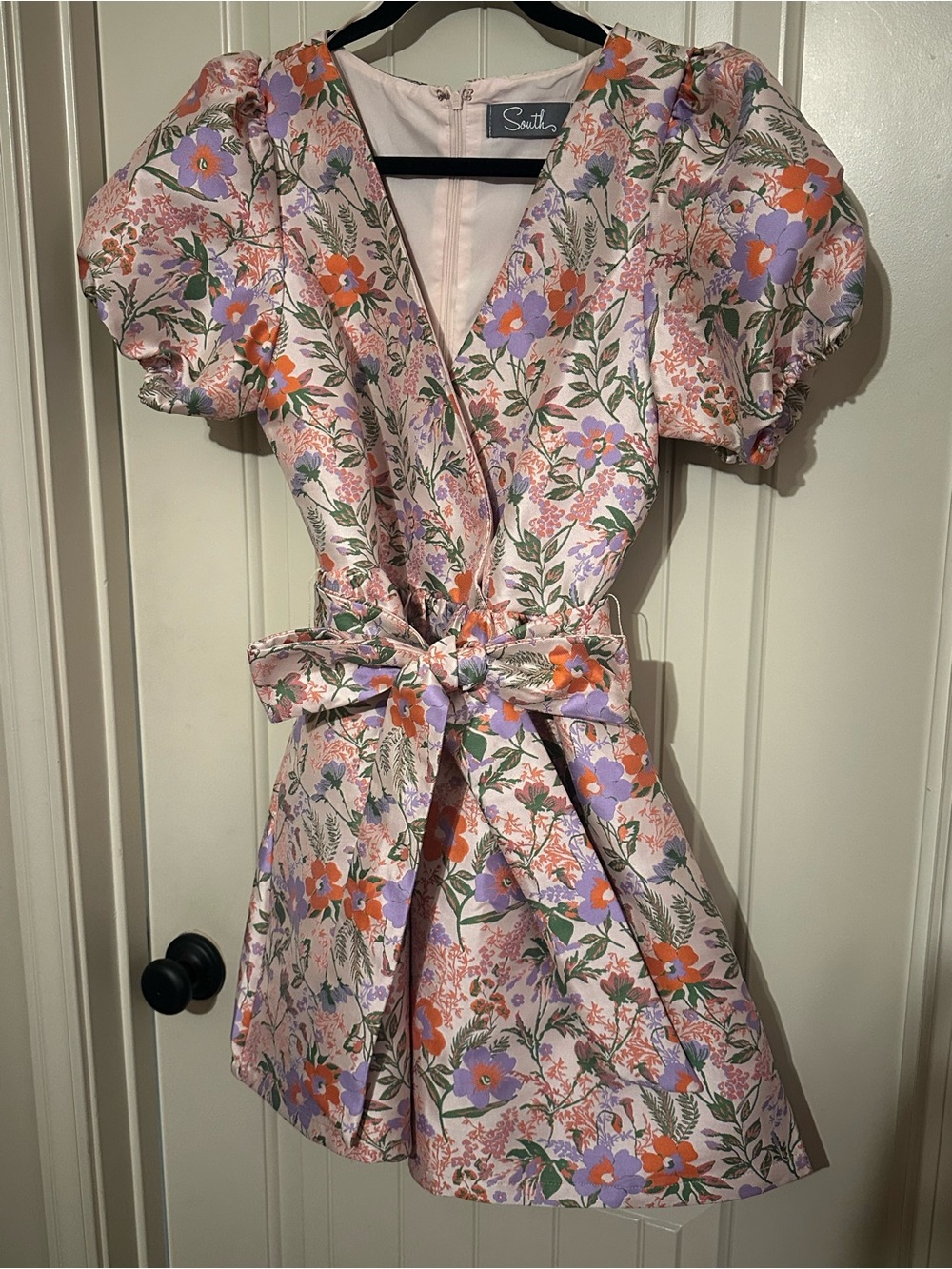 Pink Floral Puff Sleeve Wrap Dress with Lavender & Orange Blooms